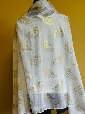 Sheer White Scarf with Gold Leaf Motif
31”x70”